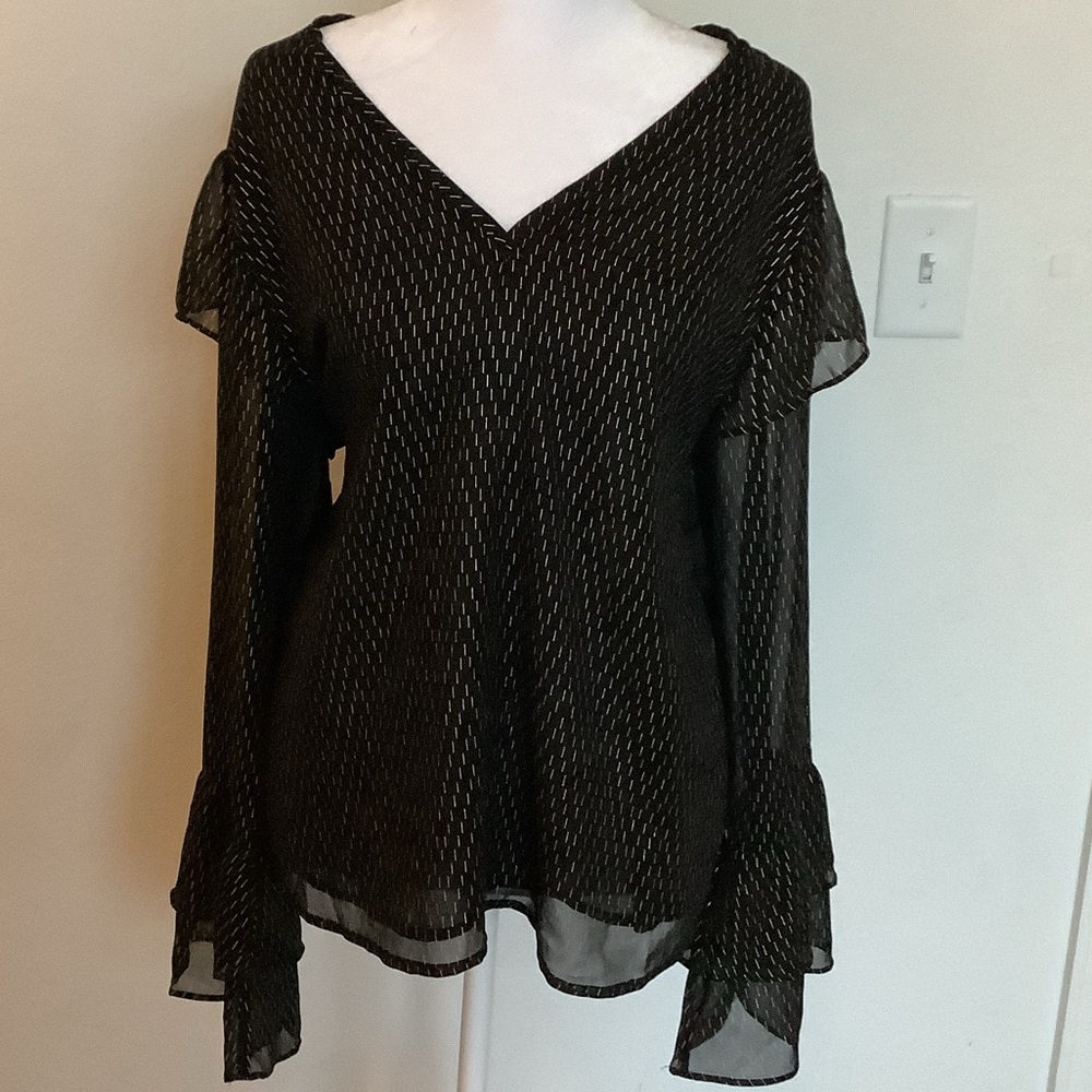 a new day Black Sheer Blouse with Ruffle Sleeves
